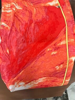 Tahari Red & Orange Marbled Skinny Jeans with Yellow Trim